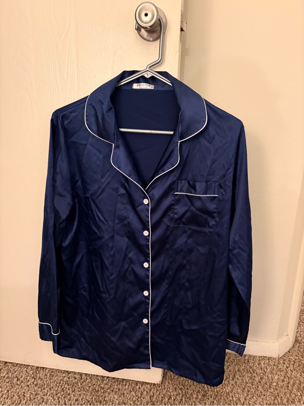 Silky Navy Button-Front Pajama Set with White Piping